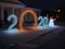 New year illumination 2020. The concept of New year and Christmas. Magical new year`s eve. Jazz band of merry snowmen. New year`s