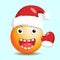 New year joyful emoji in red santa hat waving in mitten.