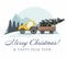 New Year and Merry Christmas card. Yellow Christmas tractor with a trailer and with fir tree. Winter landscape.