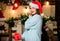 New year new goals. Christmas tree. Winter holiday. Happy new year. Family celebration. Girl in santa claus hat