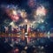 New year panorama colorful firework on rustic dark night sky Night city Generative AI