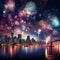 New year panorama colorful firework on rustic dark night sky Night city Generative AI