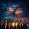 New year panorama colorful firework on rustic dark night sky Night city Generative AI