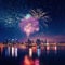 New year panorama colorful firework on rustic dark night sky Night city Generative AI