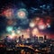 New year panorama colorful firework on rustic dark night sky Night city Generative AI