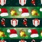 New year pattern with Santa hat, gift, Christmas tree toys, and striped candy