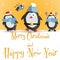 New Year penguins orange greeting card vector