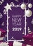 New Year postcard template with frame decorated by glowing light garland, silver bauble, festive presents on purple