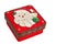 New Year. The red box decorated with beads. On the casket of Santa Claus