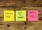 New Year resolutions or popular Goals on colorful sticky post its notes on wood rustic table