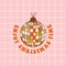 New year retro greeting card with Christmas disco ball toy. Groovy toy in 70s style on checkerboard background.