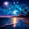 New Year& x27;s background on a moonlit beach, with fireworks lighting up the night sky and reflections in the calm ocean