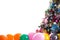 New Year`s background for your text. Colorful balloons, green Christmas tree