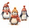 New Year\\\'s card three penguins in hats, watercolor drawing