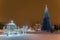 New Year`s Cathedral Square with christmas decorations and lights fir-tree in the center of Belgorod city