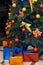New Year\\\'s Christmas holiday green tree decorated toys balloons ribbons gifts boxes, atmosphere.