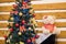 New Year\\\'s Christmas holiday green tree decorated toys balloons ribbons on wooden background white soft toy bear