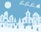 New Year`s Christmas. An image of Santa Claus and deer. Winter city in the New Year. Snow, moon, trees, houses, church