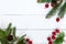 New Year`s, Christmas theme. Green fir branches with cones, decorative berries on white wooden background. Celebratory background.