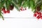 New Year`s, Christmas theme. Green fir branches, decorative berries on white wooden background.