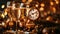 New Year\\\'s Eve Celebration: Champagne Toast, Fireworks, and Clock Face with Abstract Defocused Lights