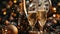 New Year\\\'s Eve Celebration: Champagne Toast, Fireworks, and Clock Face with Abstract Defocused Lights