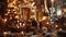 New Year\\\'s Eve Celebration: Champagne Toast, Fireworks, and Clock Face with Abstract Defocused Lights