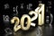 New Year`s Eve. emoticon letters 2021 on black background.  Funny and smiley abstract card or a banner for socha; media. 3D