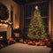 New Year\'s Eve outside the window of a cozy room with a beautiful Christmas tree furnished with toys