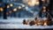 New Year\\\'s Eve snowy background with a composition of cones and balloons, the background in evening blue tones