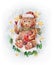 A New Year`s festive brown bear with a gift in a hat and scarf sits on a spruce branch. Cute cartoon fairy tale character