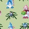 New Year\\\'s festive decor. Winter seamless pattern little snowmen with gifts, fir branches with silver bells. Hand-drawn watercolo