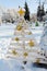 New Year's installation. Christmas balls on the design in the form of a Christmas tree.Christmas decoration for the street,