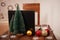 New Year`s interior, decoration of the desktop and bedroom for Christmas. Boke, lights, Christmas trees, balloons, a table with a