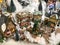 New Year`s landscape. miniature for the showcase. small houses with triangular roofs and toy people in the center. mini city