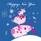 New Year`s merry greeting card with three smile piglets