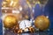 New Year\\\'s at midnight - Old clock with Christmas decoration, champagne and holiday lights