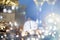 New Year\\\'s at midnight - Old clock with Christmas decoration, champagne and holiday lights