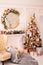 New Year`s photo zone in the style of shabby chic. Christmas tree decorated with flowers and gold ornaments