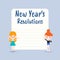 New year`s resolutions. Cheerful kids cartoon with blank white board illustration in flat design style