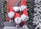 New Year`s Scandinavian gnomes on the porch of a decorated house