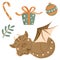 New Year\\\'s set in cartoon style. Cute dragon, Christmas ball, gift box, plant, lollipop