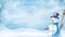 New Year\\\'s snow-covered background with snowman. Snowman with smiley face, hat and scarf