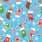 New Year`s vector seamless background with Christmas socks, candy, gifts and snowflakes