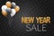 New Year sale banner or poster. A bunch of balloons on black luxury background.