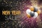 New Year sale banner or poster. A bunch of balloons on black luxury background.