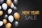 New Year sale banner. Winter holiday design concept with golden, white and black balloons, dark background.