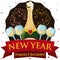 New Year Scene with Champagne, Wineglasses, Confetti and Fireworks Display, Vector Illustration