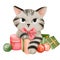 New year scene. Striped cat with a Christmas bow lounges on colorful gift boxes and Christmas balls. Cartoon kitten portrait.