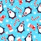 New year seamless background with penguins in the hat of Santa Claus, christmas socks, candy cane and snowflakes on a blue backgro